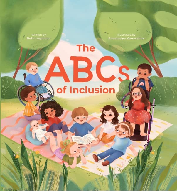 Illustrated book cover titled “The ABCs of Inclusion” by Beth Leipholtz, featuring a diverse group of children reading and playing together outdoors, including children with disabilities.
